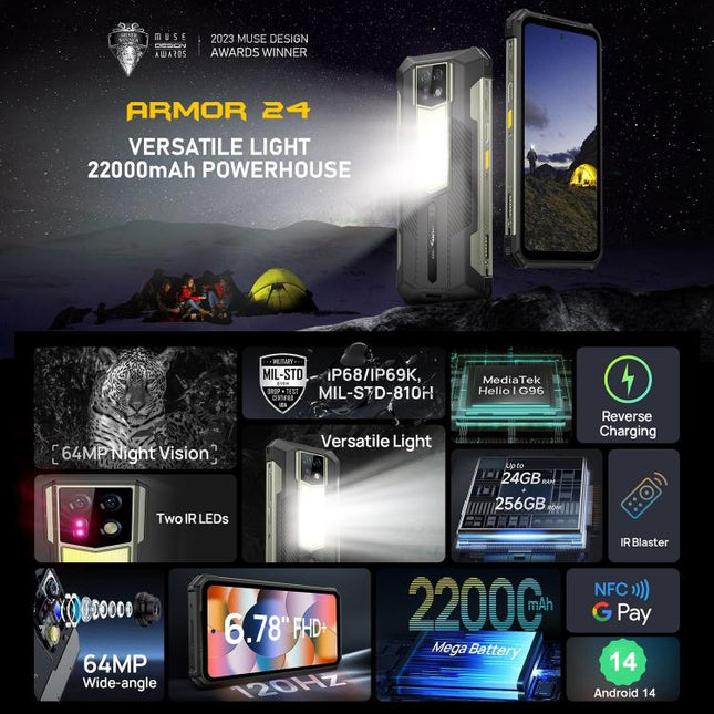 Ulefone Armor 24, Teléfono robusto, Huella lateral, 22000mAh, 6.78 pulgadas Android 13 MediaTek Helio G96 Octa Core, Red: 4G, NFC, Armor 24