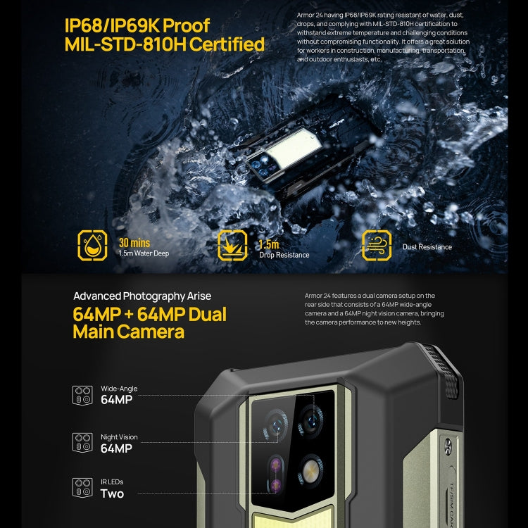Ulefone Armor 24, Robustes Telefon, Fingerabdruck seitlich, 22000 mAh, 6,78 Zoll Android 13 MediaTek Helio G96 Octa Core, Netzwerk: 4G, NFC, Armor 24