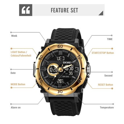 SKMEI 2098 Multifunctional Men 50M Waterproof Thermometer Dual Display Digital Wrist Watch