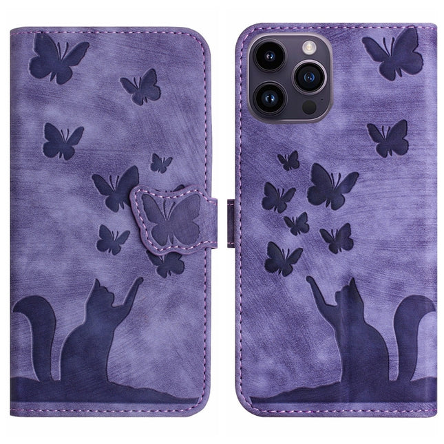 Butterfly Cat Embossing Flip Leather Phone Case, For iPhone 15 Pro Max, For iPhone 15 Pro, For iPhone 15 Plus, For iPhone 15