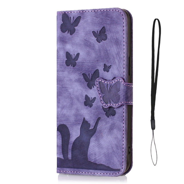 Butterfly Cat Embossing Flip Leather Phone Case, For iPhone 15 Pro Max, For iPhone 15 Pro, For iPhone 15 Plus, For iPhone 15