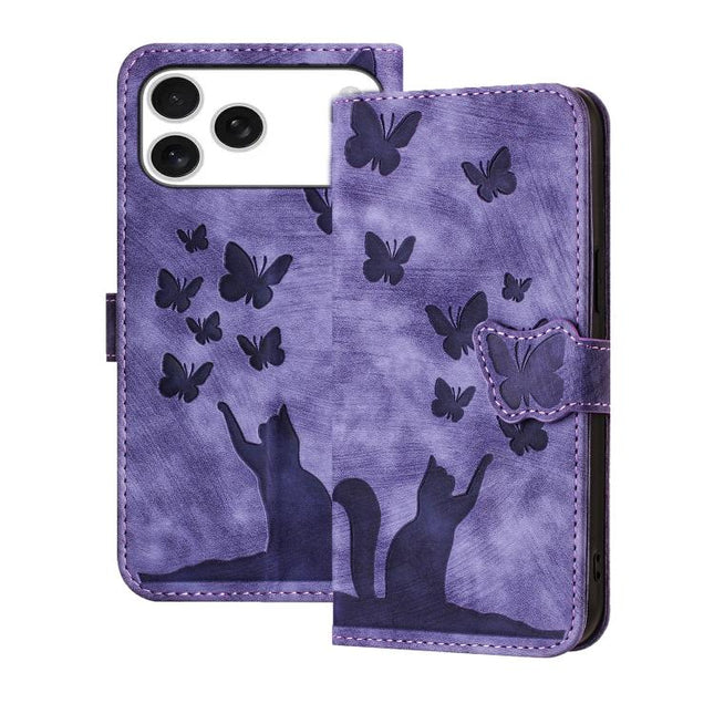 Butterfly Cat Embossing Flip Leather Phone Case, For iPhone 17 Pro Max, For iPhone 17 Pro, For iPhone 17, For iPhone Air