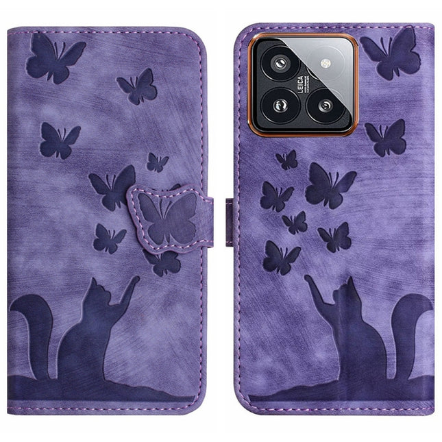 Butterfly Cat Embossing Flip Leather Phone Case, For Xiaomi 14, For Xiaomi Redmi Note 13 5G, For Xiaomi Redmi Note 13 Pro+ 5G, For Xiaomi Redmi Note 13 Pro 5G