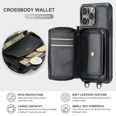 JEEHOOD C22 Series Zipper Wallet Leather Phone Case with Dual Lanyard, For iPhone 15 Pro Max, For iPhone 15 Pro, For iPhone 15 Plus, For iPhone 15