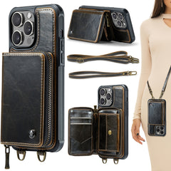 JEEHOOD C22 Series Zipper Wallet Leather Phone Case with Dual Lanyard, For iPhone 15 Pro Max, For iPhone 15 Pro, For iPhone 15 Plus, For iPhone 15