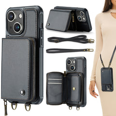 JEEHOOD C22 Series Zipper Wallet Leather Phone Case with Dual Lanyard, For iPhone 15 Pro Max, For iPhone 15 Pro, For iPhone 15 Plus, For iPhone 15