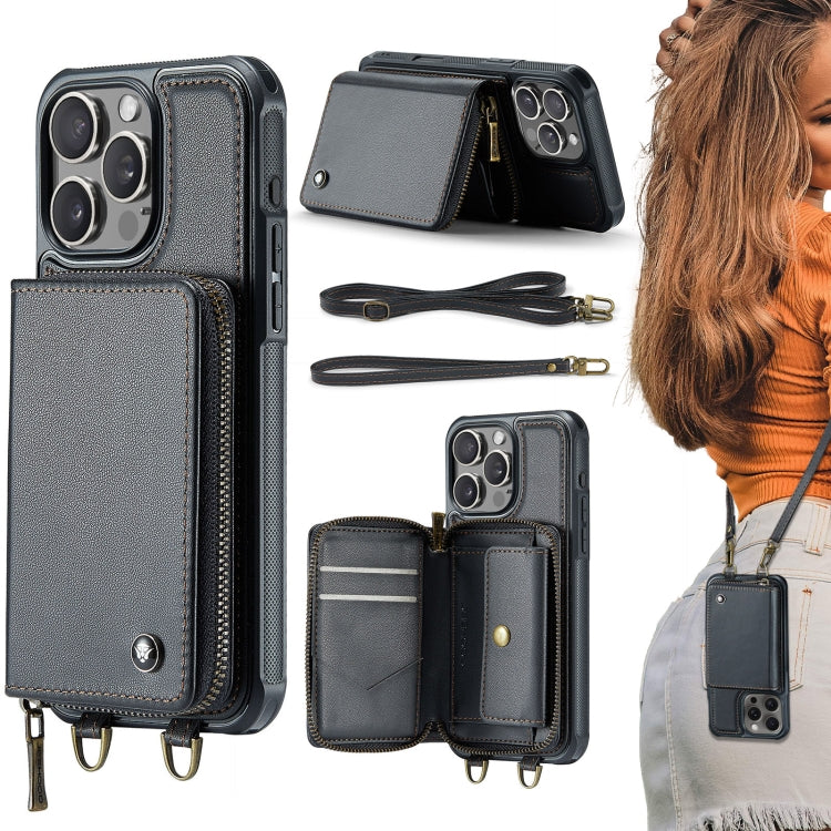JEEHOOD C22 Series Zipper Wallet Leather Phone Case with Dual Lanyard, For iPhone 16 Pro Max, For iPhone 16 Pro, For iPhone 16 Plus, For iPhone 16