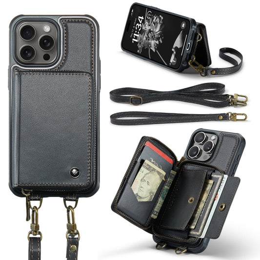 JEEHOOD C22 Series Zipper Wallet Leather Phone Case with Dual Lanyard, For iPhone 16 Pro Max, For iPhone 16 Pro, For iPhone 16 Plus, For iPhone 16