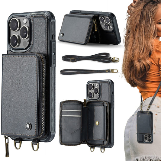JEEHOOD C22 Series Zipper Wallet Leather Phone Case with Dual Lanyard, For iPhone 16 Pro Max, For iPhone 16 Pro, For iPhone 16 Plus, For iPhone 16