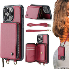 JEEHOOD C22 Series Zipper Wallet Leather Phone Case with Dual Lanyard, For iPhone 16 Pro Max, For iPhone 16 Pro, For iPhone 16 Plus, For iPhone 16