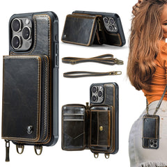 JEEHOOD C22 Series Zipper Wallet Leather Phone Case with Dual Lanyard, For iPhone 16 Pro Max, For iPhone 16 Pro, For iPhone 16 Plus, For iPhone 16