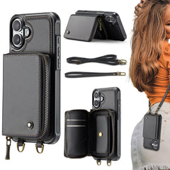 JEEHOOD C22 Series Zipper Wallet Leather Phone Case with Dual Lanyard, For iPhone 16 Pro Max, For iPhone 16 Pro, For iPhone 16 Plus, For iPhone 16