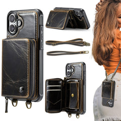 JEEHOOD C22 Series Zipper Wallet Leather Phone Case with Dual Lanyard, For iPhone 16 Pro Max, For iPhone 16 Pro, For iPhone 16 Plus, For iPhone 16