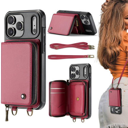 JEEHOOD C22 Series Zipper Wallet Leather Phone Case with Dual Lanyard, For iPhone 17 Pro Max, For iPhone 17 Pro, For iPhone Air, For iPhone 16 Pro Max