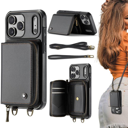 JEEHOOD C22 Series Zipper Wallet Leather Phone Case with Dual Lanyard, For iPhone 17 Pro Max, For iPhone 17 Pro, For iPhone Air, For iPhone 16 Pro Max