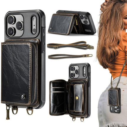 JEEHOOD C22 Series Zipper Wallet Leather Phone Case with Dual Lanyard, For iPhone 17 Pro Max, For iPhone 17 Pro, For iPhone Air, For iPhone 16 Pro Max