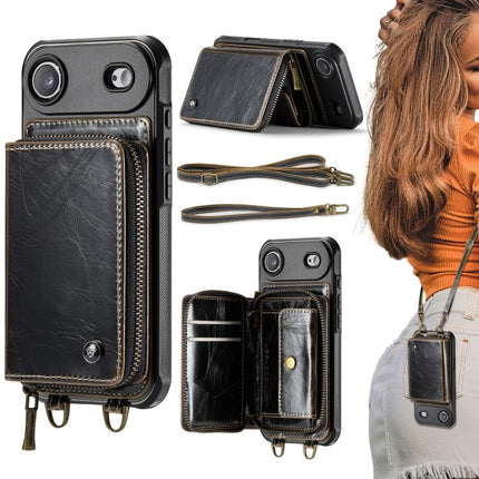 JEEHOOD C22 Series Zipper Wallet Leather Phone Case with Dual Lanyard, For iPhone 17 Pro Max, For iPhone 17 Pro, For iPhone Air, For iPhone 16 Pro Max