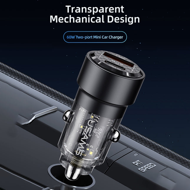 USAMS US-CC208 C39 60W USB + Type-C Dual Port Fast Charging Aluminum Alloy Transparent Car Charger