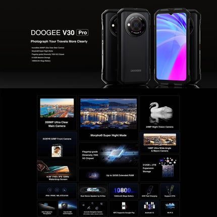 DOOGEE V30 Pro, 200MP Camera, Side Fingerprint, 10800mAh Battery, 6.58 inch Android 13 Dimensity 7050 Octa Core, Network: 5G, OTG, NFC, Support Google Pay