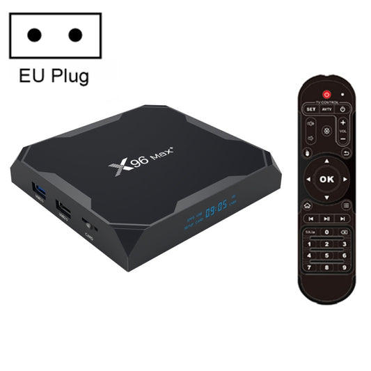 X96 max+ 4K Smart TV Box mit Fernbedienung, Android 9.0, Amlogic S905X3 Quad-Core Cortex-A55, 2 GB + 16 GB, unterstützt LAN, AV, 2,4 G/5 G WiFi, USB x 2, TF-Karte, EU-Stecker, UK-Stecker, AU-Stecker