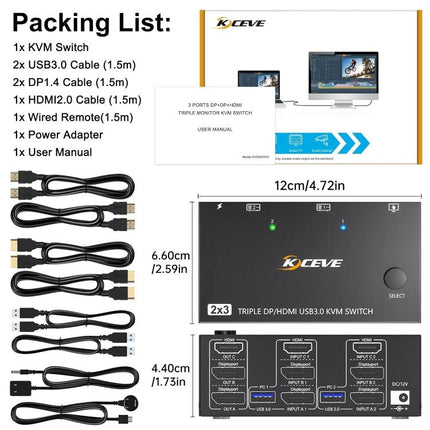 KC-KVM203DH 8K 30Hz USB3.0 DP+DP+HDMI Triple Monitors KVM Switch, EU Plug