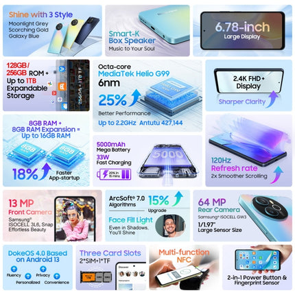 Blackview SHARK 8, Identificación de huellas dactilares, 6.78 pulgadas Android 13 MTK6789 Helio G99 Octa Core hasta 2.2GHz, Red: 4G, OTG, 8GB+128GB, 8GB+256GB