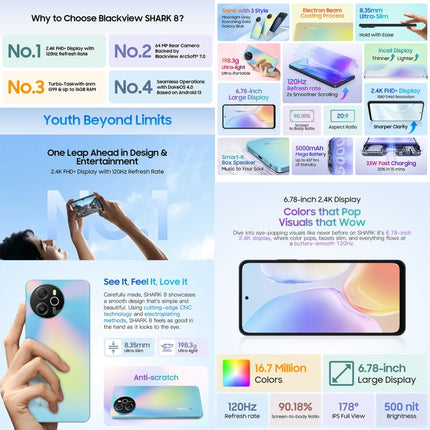 Blackview SHARK 8, Identificación de huellas dactilares, 6.78 pulgadas Android 13 MTK6789 Helio G99 Octa Core hasta 2.2GHz, Red: 4G, OTG, 8GB+128GB, 8GB+256GB
