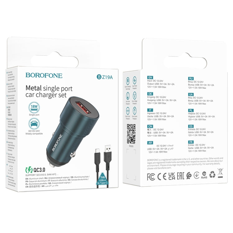 BOROFONE BZ19A Wisdom QC3.0 USB Port Fast Charging Car Charger with USB to Type-C Cable, 6974443387506