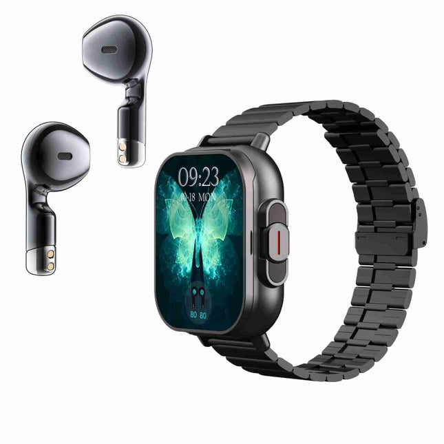 D8 2.01 inch 2 in 1 Bluetooth Earphone Steel Band Smart Watch, Support Health Monitoring / NFC