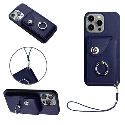 Organ Card Bag Ring Holder PU Phone Case with Lanyard, For iPhone 15 Pro Max, For iPhone 15 Pro, For iPhone 15 Plus, For iPhone 15