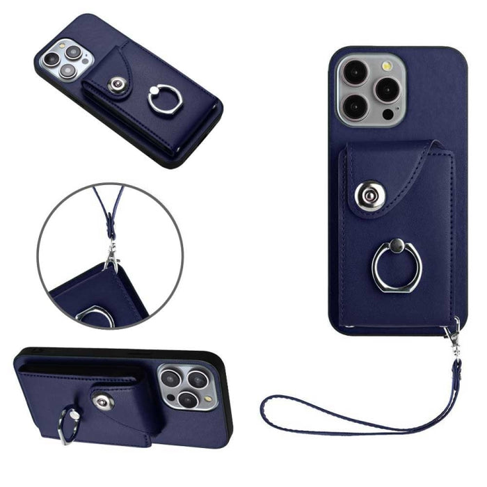Organ Card Bag Ring Holder PU Phone Case with Lanyard, For iPhone 15 Pro Max, For iPhone 15 Pro, For iPhone 15 Plus, For iPhone 15