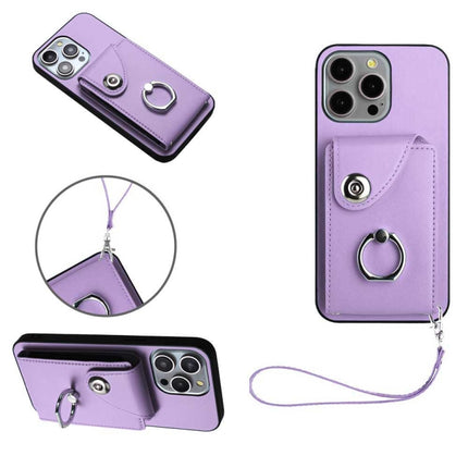 Organ Card Bag Ring Holder PU Phone Case with Lanyard, For iPhone 15 Pro Max, For iPhone 15 Pro, For iPhone 15 Plus, For iPhone 15