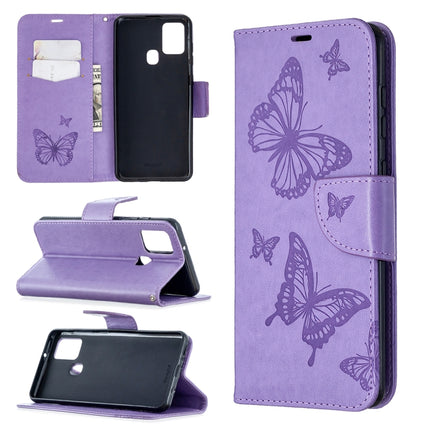 Embossing Two Butterflies Pattern Horizontal Flip PU Leather Case with Holder & Card Slot & Wallet & Lanyard, For Samsung Galaxy A21s