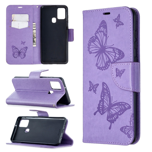 Embossing Two Butterflies Pattern Horizontal Flip PU Leather Case with Holder & Card Slot & Wallet & Lanyard, For Samsung Galaxy A21s