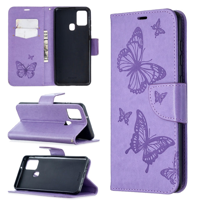 Embossing Two Butterflies Pattern Horizontal Flip PU Leather Case with Holder & Card Slot & Wallet & Lanyard, For Samsung Galaxy A21s