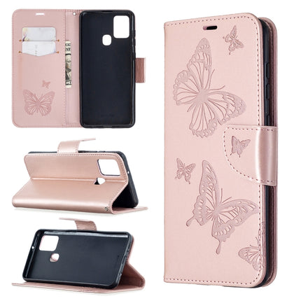 Embossing Two Butterflies Pattern Horizontal Flip PU Leather Case with Holder & Card Slot & Wallet & Lanyard, For Samsung Galaxy A21s