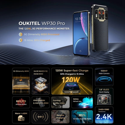 Oukitel WP30 Pro 5G, IP68/IP69K, 108MP Kamera, 11000mAh, 6,78 Zoll + 1,8 Zoll MediaTek Dimensity 8050 Octa-Core 3,0GHz, NFC, OTG, Netzwerk: 5G, WP30 Pro 5G 12GB+512GB