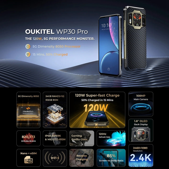Oukitel WP30 Pro 5G, IP68/IP69K, 108MP Camera, 11000mAh, 6.78 inch + 1.8 inch MediaTek Dimensity 8050 Octa-core 3.0GHz, NFC, OTG, Network: 5G