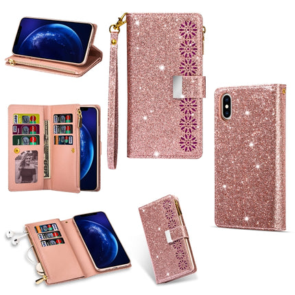 Horizontale Klapphülle aus Leder mit mehreren Kartenfächern, Sternenhimmel, Lasergravur, Glitzer-Reißverschluss, Halterung &amp; Geldbörse &amp; Trageband, für iPhone 8 Plus / 7 Plus, für iPhone SE 2022 / SE 2020 / 8 / 7, für iPhone 6 Plus / 6s Plus