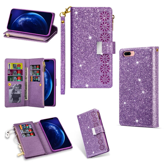 Multi-card Slots Starry Sky Laser Carving Glitter Zipper Horizontal Flip Leather Case with Holder & Wallet & Lanyard, For iPhone 8 Plus / 7 Plus, For iPhone SE 2022 / SE 2020 / 8 / 7, For iPhone 6 Plus / 6s Plus