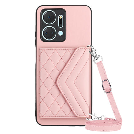Rhombic Texture Card Bag RFID Phone Case with Long Lanyard, For Honor X7a / Play 7T, For Honor X8a, For Honor X9a / Magic5 Lite