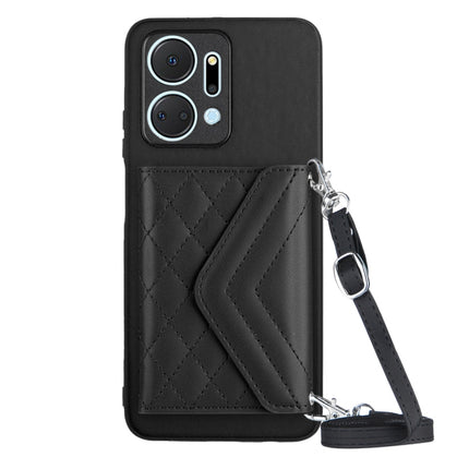 Rhombic Texture Card Bag RFID Phone Case with Long Lanyard, For Honor X7a / Play 7T, For Honor X8a, For Honor X9a / Magic5 Lite