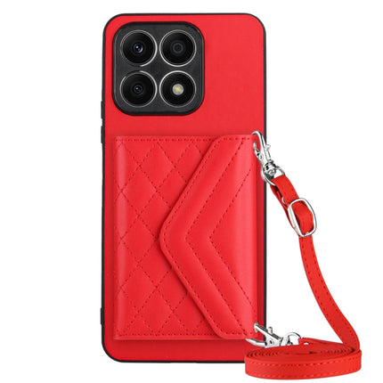 Rhombic Texture Card Bag RFID Phone Case with Long Lanyard, For Honor X7a / Play 7T, For Honor X8a, For Honor X9a / Magic5 Lite