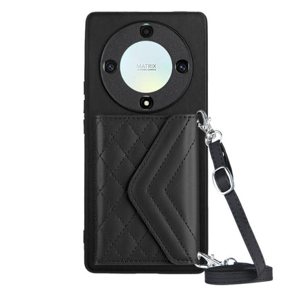 Rhombic Texture Card Bag RFID Phone Case with Long Lanyard, For Honor X7a / Play 7T, For Honor X8a, For Honor X9a / Magic5 Lite