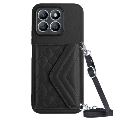 Rhombic Texture Card Bag RFID Phone Case with Long Lanyard, For Honor 200 5G, For Honor 200 Pro 5G, For Honor 200 Lite 5G Global, For Honor X8b 4G Global
