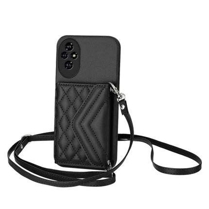 Rhombic Texture Card Bag RFID Phone Case with Long Lanyard, For Honor 200 5G, For Honor 200 Pro 5G, For Honor 200 Lite 5G Global, For Honor X8b 4G Global