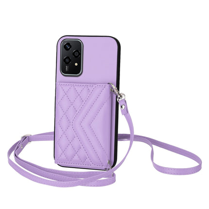 Rhombic Texture Card Bag RFID Phone Case with Long Lanyard, For Honor 200 5G, For Honor 200 Pro 5G, For Honor 200 Lite 5G Global, For Honor X8b 4G Global