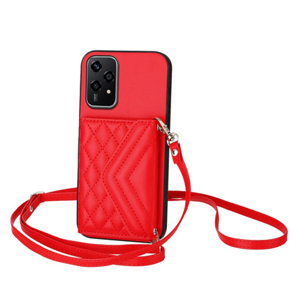 Rhombic Texture Card Bag RFID Phone Case with Long Lanyard, For Honor 200 5G, For Honor 200 Pro 5G, For Honor 200 Lite 5G Global, For Honor X8b 4G Global