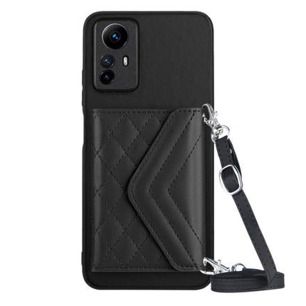 Rhombic Texture Card Bag RFID Phone Case with Long Lanyard, For Xiaomi Redmi 12 4G, For Xiaomi Redmi Note 12S 4G, For Xiaomi Redmi Note 12 Turbo, For Xiaomi Redmi Note 12 Pro+ 5G