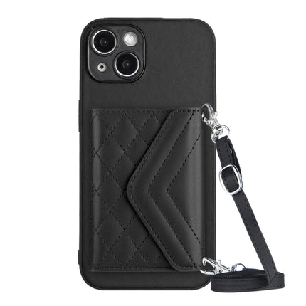Rhombic Texture Card Bag RFID Phone Case with Long Lanyard, For iPhone 14 Plus, For iPhone 14, For iPhone 14 Pro, For iPhone 14 Pro Max